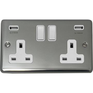 polished steel double socket with usb (white inserts/chrome switches) front fc0825