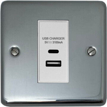 polished steel usb charger (usb a and usb c) (1 gang/white insert) front fc0825