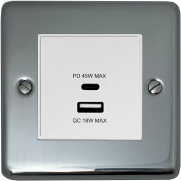 polished steel usb charger (dual usb a + c quick charge) (1 gang/white insert) front fc0825