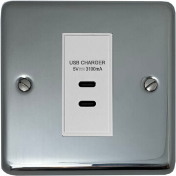 polished steel usb charger (2x usb c) (1 gang/white insert) front fc0825