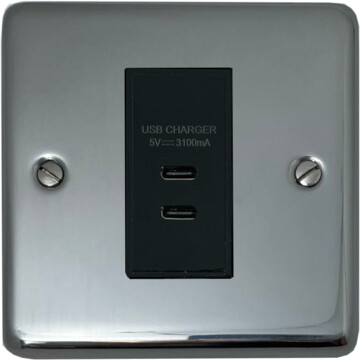 polished steel usb charger (2x usb-c) (1 gang/black insert) front fc0825