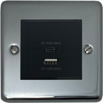 polished steel usb charger (dual usb a + c quick charge) (1 gang/black insert) front fc0825