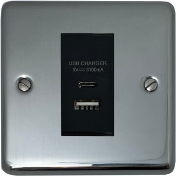 polished steel usb charger (usb a and usb c) (1 gang/black insert) front fc0825