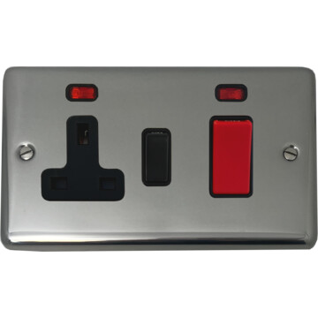 polished steel cooker switch with socket (black switch) front fc0825
