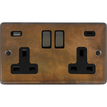 contour tarnished copper double socket with usb (usb-a and usb-c/black nickel switches) front fc0825