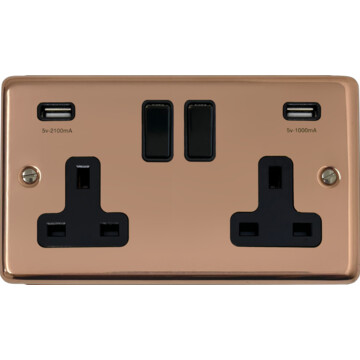contour copper double socket with usb (black switch) front fc0825