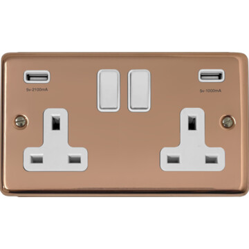 contour copper double socket with usb (white switch) front fc0825
