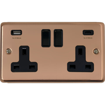 Contour Bright Copper Double Socket with USB C (Black Switches)