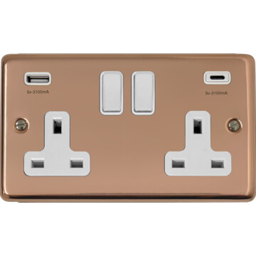 Contour Bright Copper Double Socket with USB C (White Switches)