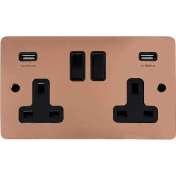 flat copper double socket with usb (black switch) front fc0825