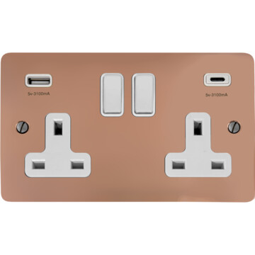 Flat Bright Copper Double Socket with USB C (White Switches)