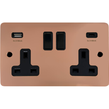 Flat Bright Copper Double Socket with USB C (Black Switches)