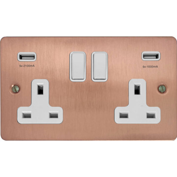 flat rose gold double socket with usb (white switch) front fc0825