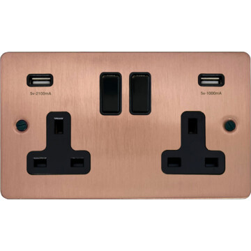 flat rose gold double socket with usb (black switch) front fc0825