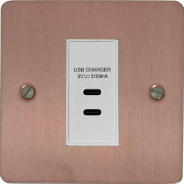 flat rose gold usb charger (2x usb-c) (1 gang/white insert) front fc0825