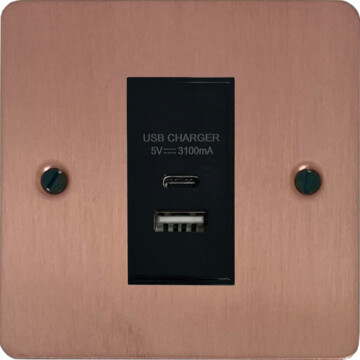 flat rose gold usb charger (usb-a and usb-c) (1 gang/black insert) front fc0825