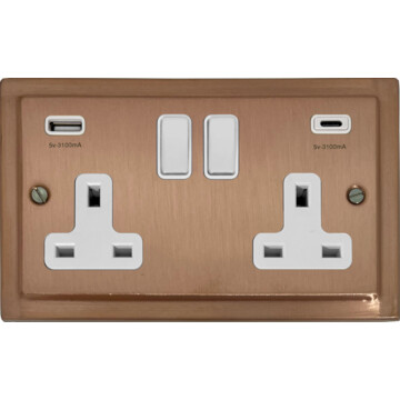 Victorian Rose Gold Double Socket with USB C (White Switches)