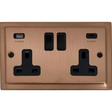 Victorian Rose Gold Double Socket with USB C (Black Switches)
