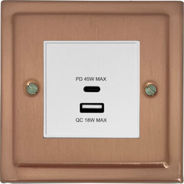 victorian rose gold usb charger (dual usb a + c quick charge) (1 gang/white insert) front fc0825