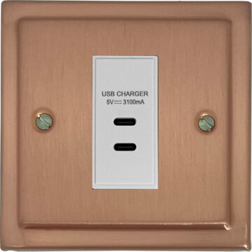 victorian rose gold usb charger (2x usb c) (1 gang/white insert) front fc0825