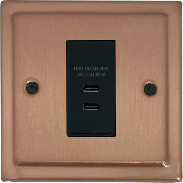 victorian rose gold usb charger (2x usb-c) (1 gang/black insert) front fc0825