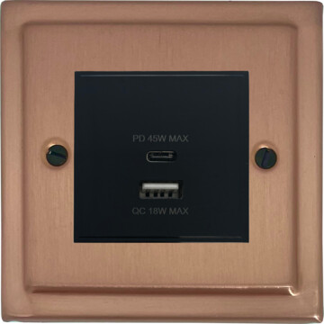 victorian rose gold usb charger (dual usb a + c quick charge) (1 gang/black insert) front fc0825