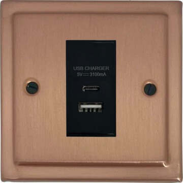 victorian rose gold usb charger (usb a and usb c) (1 gang/black insert) front fc0825