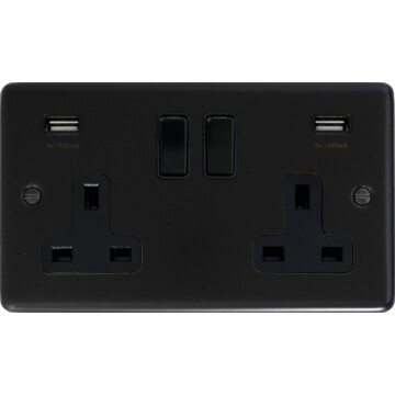 matt black double socket with usb front fc0825