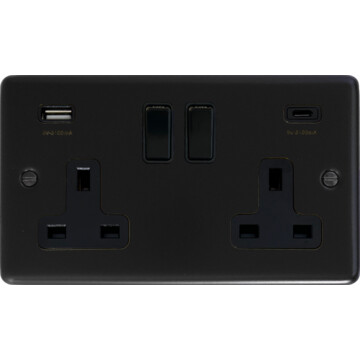 matt black double socket with usb (2 gang/usb a and usb c) front fc0825