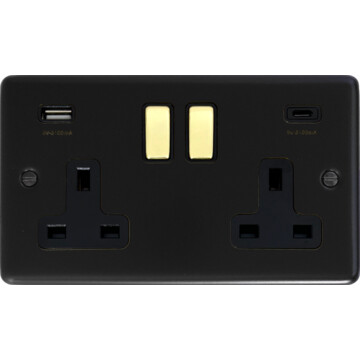 matt black double socket with usb (2 gang/usb a and usb c/polished brass switches) front fc0825