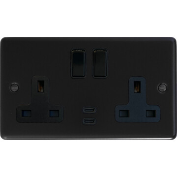 matt black double socket with usb (2 gang/usb c) front fc0825