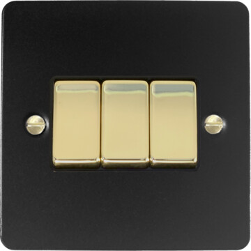 flat black light switch (3 gang/polished brass switches) front fc0825