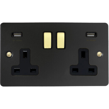 flat black socket double socket with usb sockets (brass switches/black inserts) front fc0825