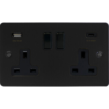flat black double socket with usb (2 gang/usb a and usb c) front fc0825