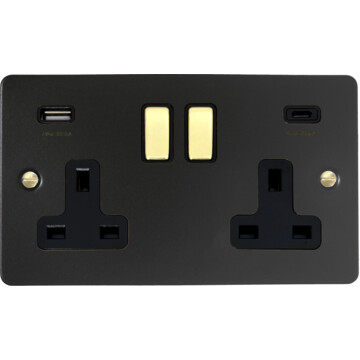 flat black socket double socket with usb (usb a and usb c/polished brass switches) front fc0825
