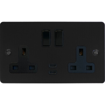flat black double socket with usb (2 gang/usb c) front fc0825