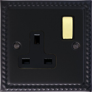 georgian black single socket (black insert/polished brass switch) front fc0825