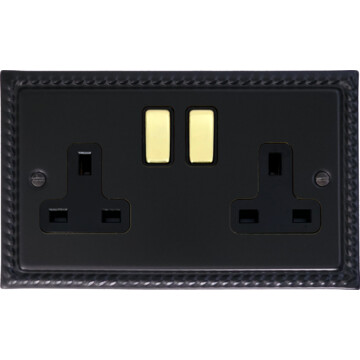 georgian black double socket (black insert/polished brass switches) front fc0825