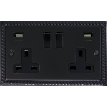 georgian black double socket with usb (black switches) front fc0825