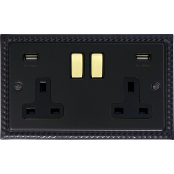georgian black double socket with usb (black inserts/polished brass switches) front fc0825