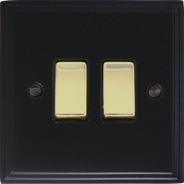 victorian matt black light switch (2 gang/polished brass switches) front fc0825