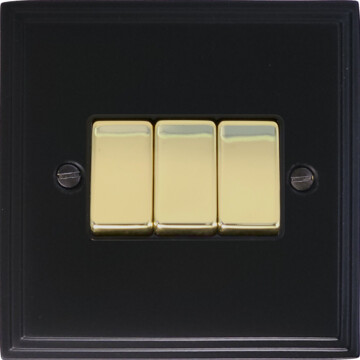 victorian matt black light switch (3 gang/polished brass switches) front fc0825