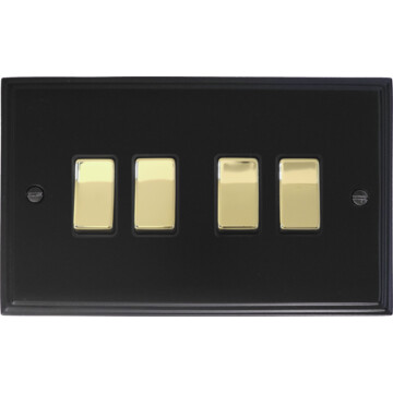 victorian matt black light switch (4 gang/polished brass switches) front fc0825