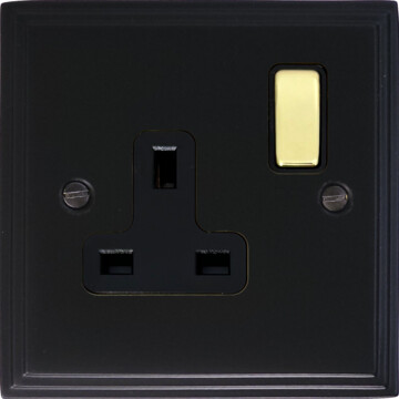 victorian matt black single socket (polished brass switch) front fc0825
