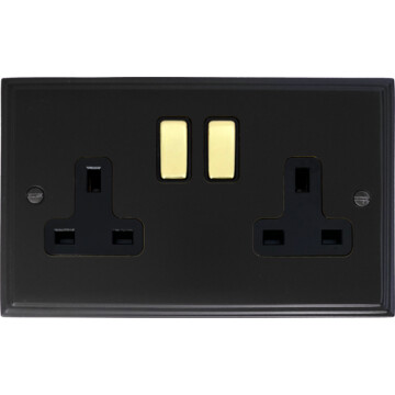 victorian matt black double socket (polished brass switches) front fc0825