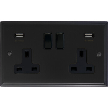 victorian matt black double socket with usb front fc0825