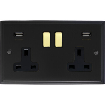 victorian matt black double socket with usb (polished brass switches) front fc0825
