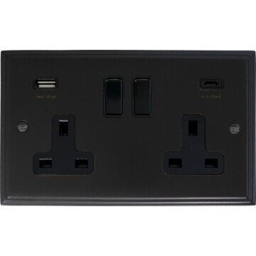 Victorian Matt Black Double Socket (2 Gang/USB-A and USB-C)