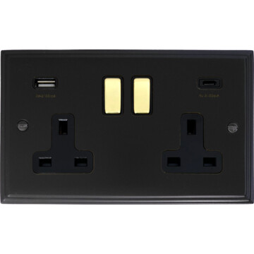 victorian matt black double socket with usb (usb a and usb c/polished brass switches) front fc0825