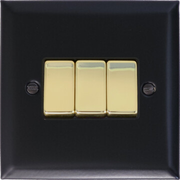 spectrum matt black light switch (3 gang/polished brass switches) front fc0825